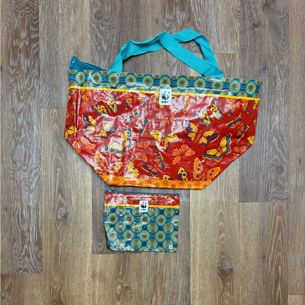 WWF Butterfly-Print Recycled Tote Bag in Red and Teal